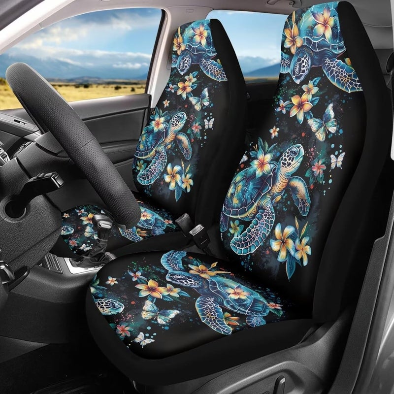 Howilath Sea Turtle Floral Car Front Seat Cover for Men Women Stretchy Bucket Seat Covers High Back Accessories Interior Decor - 2 Piece - Image 1